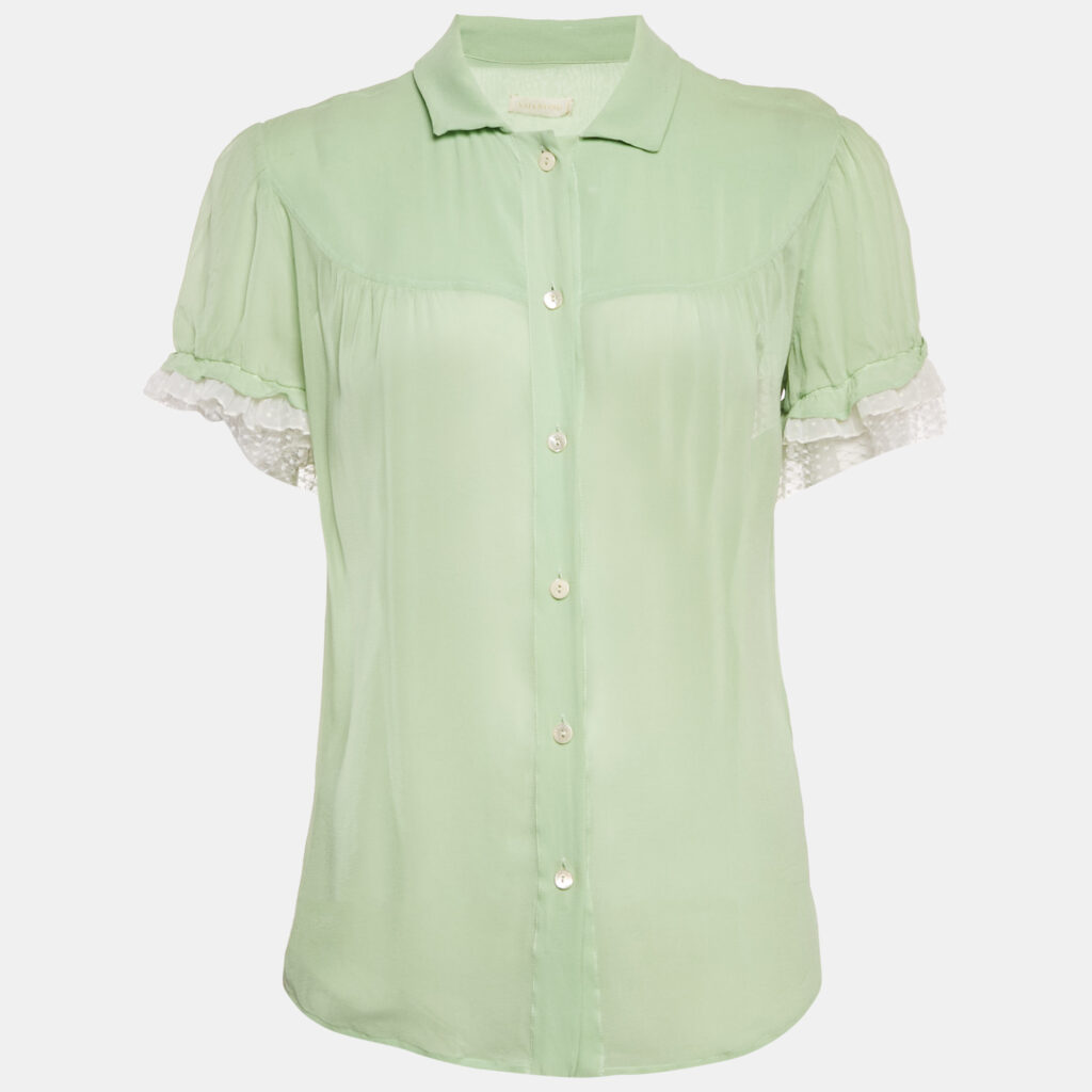 Valentino Green Silk Ruffled Button Front Blouse M