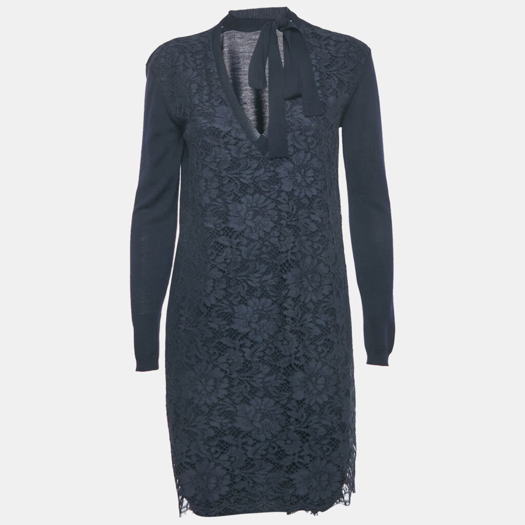 Valentino Navy Blue Lace and Knit Mini Dress S Valentino Navy Blue Lace and Knit Mini Dress S