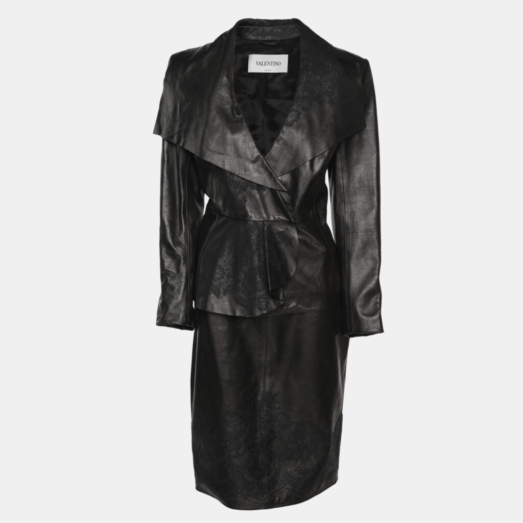 Valentino Black Leather Lace Trimmed Jacket Skirt Set L/M Valentino Black Leather Lace Trimmed Jacket Skirt Set L/M