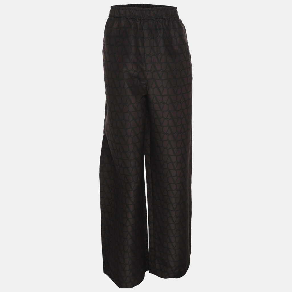 Valentino Black/Brown Logo Print Silk Wide Leg Trousers L
