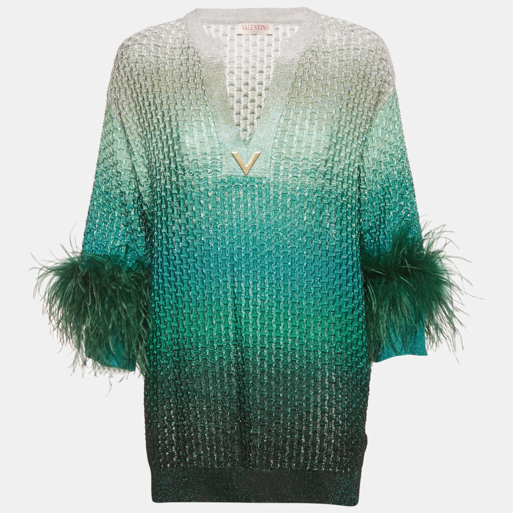 Valentino Green Ombre Ostrich Feather Trim Lurex Knit Mini Dress XS Valentino Green Ombre Ostrich Feather Trim Lurex Knit Mini Dress XS