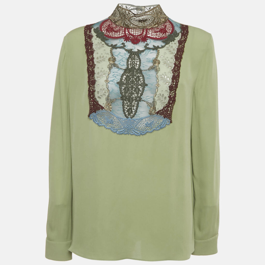 Valentino Green Embroidered Detail Silk Blouse L