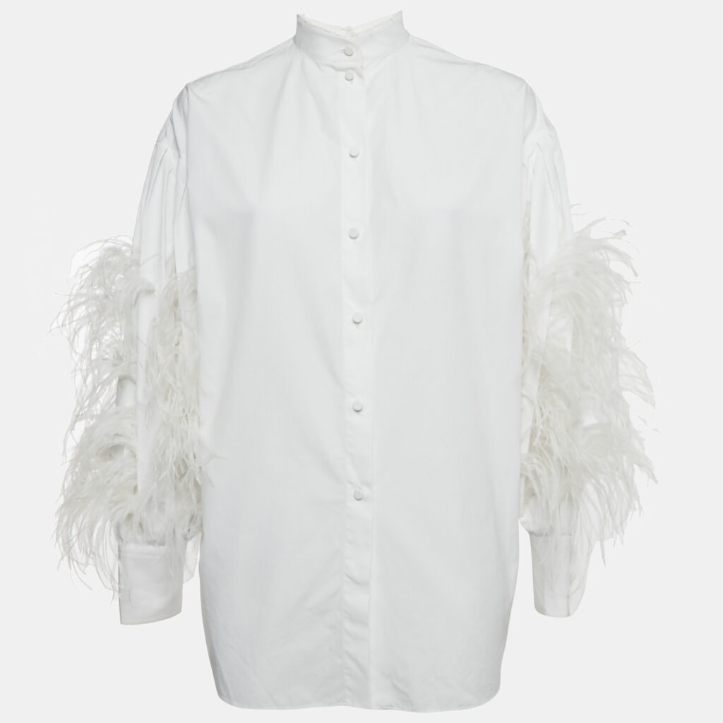 Valentino White Ostrich Feather Trim Cotton Oversized Shirt S Valentino White Ostrich Feather Trim Cotton Oversized Shirt S