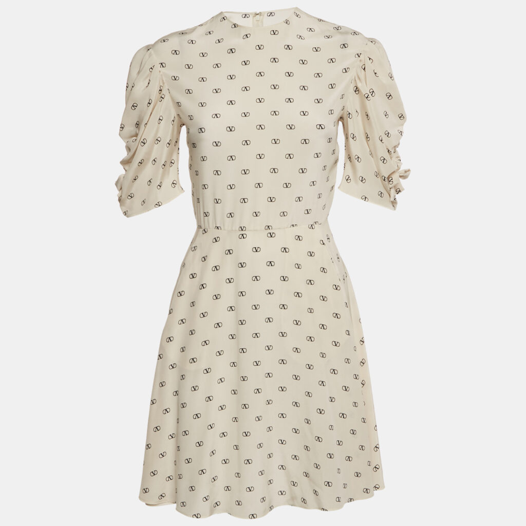 Valentino Cream Logo Print Silk Gathered Sleeve Mini Dress S Valentino Cream Logo Print Silk Gathered Sleeve Mini Dress S