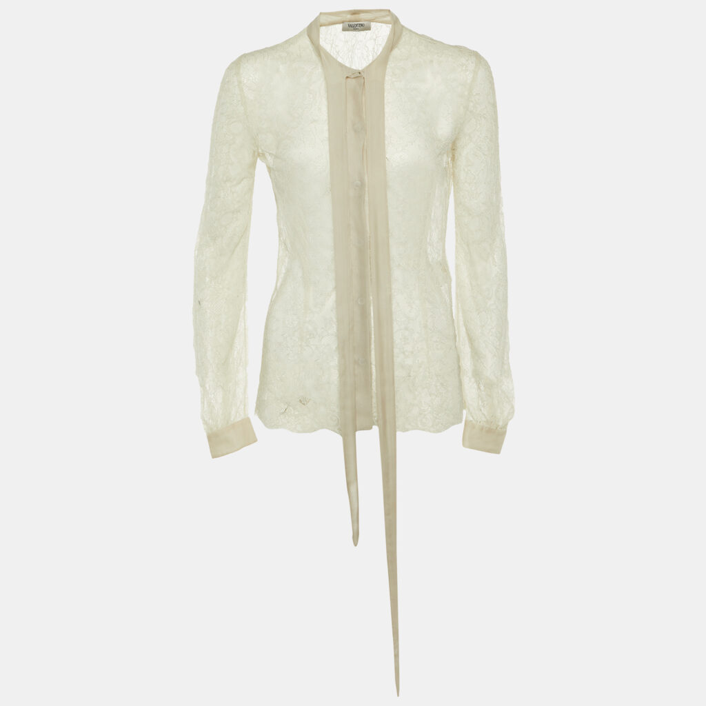 Valentino Pale Grey Lace Neck Tie Sheer Blouse S Valentino Pale Grey Lace Neck Tie Sheer Blouse S