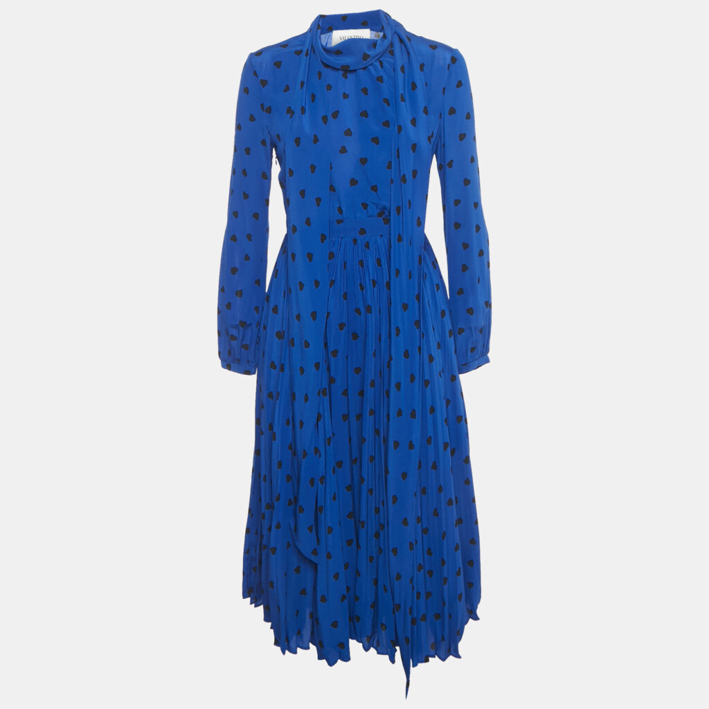 Valentino Blue Heart Print Silk Pleated Midi Dress S Valentino Blue Heart Print Silk Pleated Midi Dress S