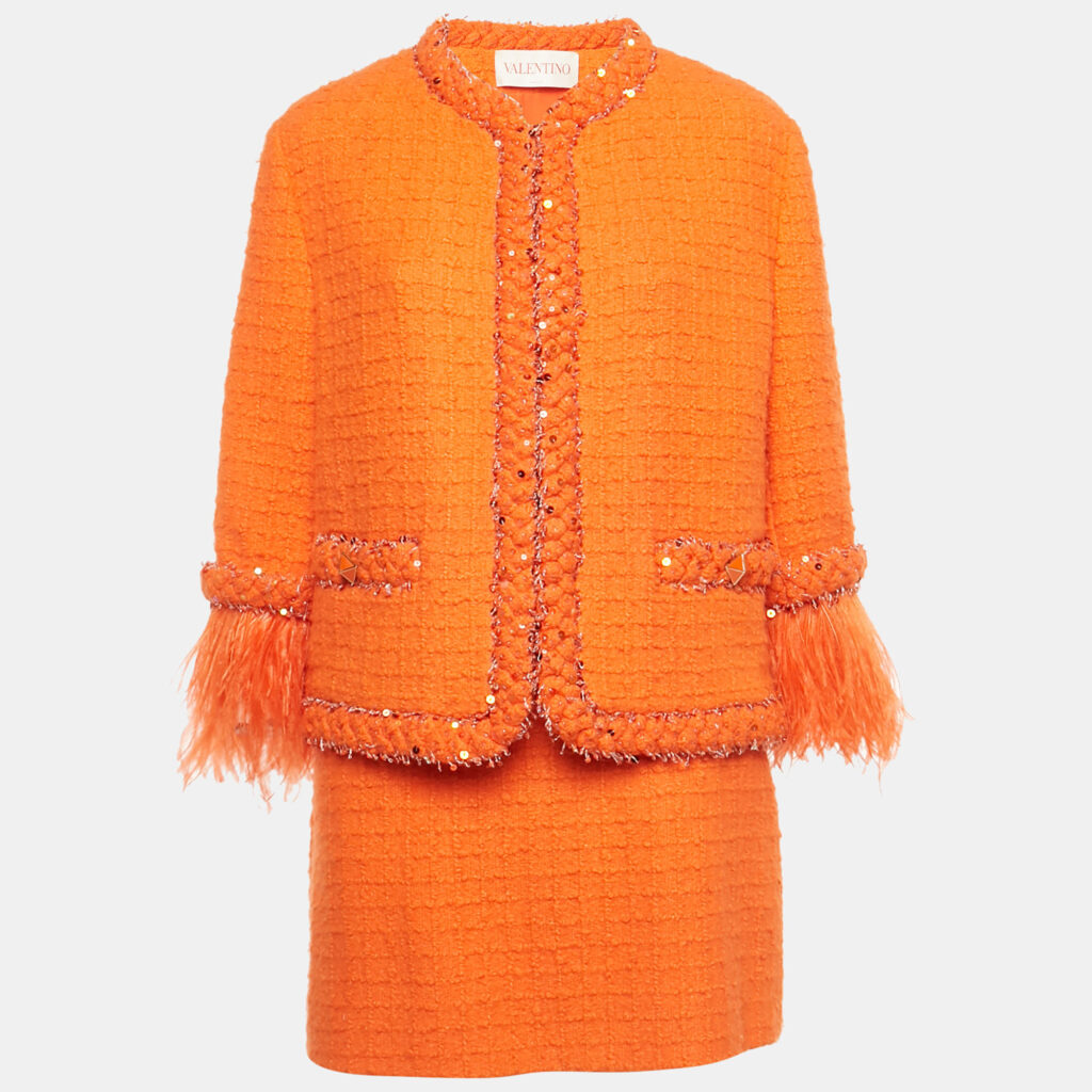 Valentino Orange Embellished Tweed Open Front Jacket & Skirt Set S/M Valentino Orange Embellished Tweed Open Front Jacket & Skirt Set S/M