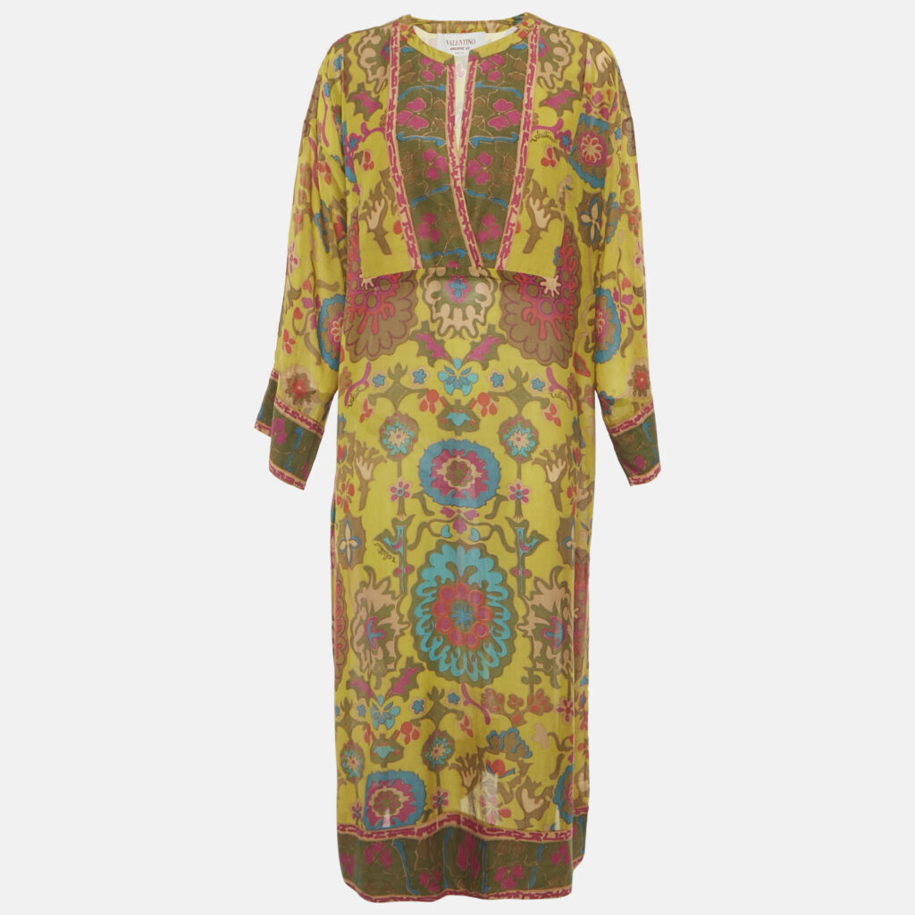Valentino Multicolor Printed Cotton Blend V-Neck Midi Dress M