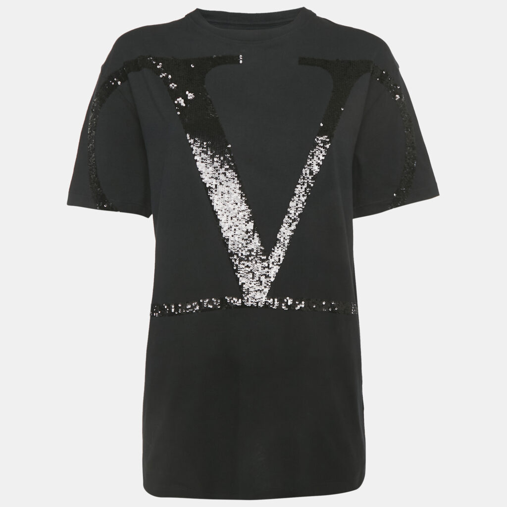Valentino Black Cotton VLogo Sequence Embellished Crew Neck T-Shirt M
