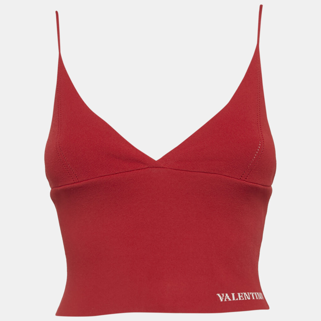 Valentino Red Logo Detail Stretch Knit Crop Top M