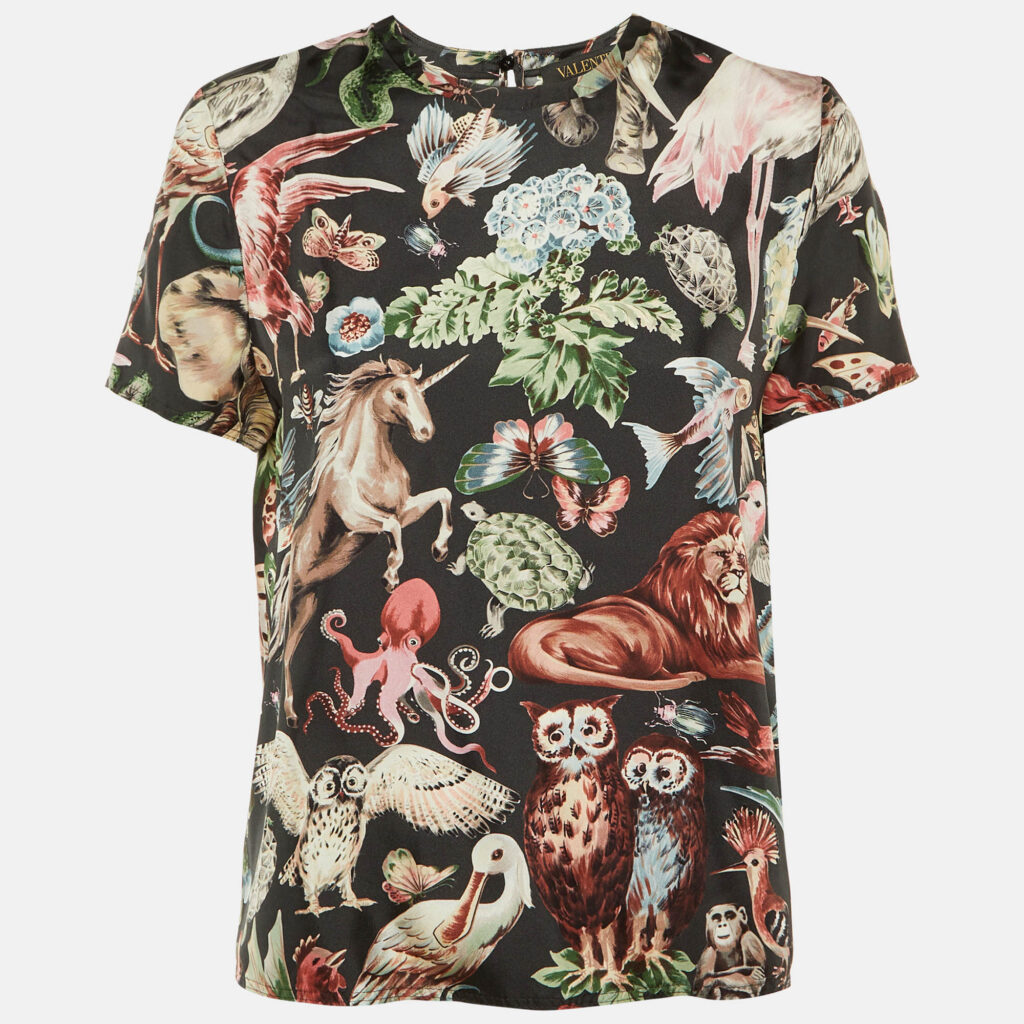 Valentino Black Animal Fantasy Print Silk Top S