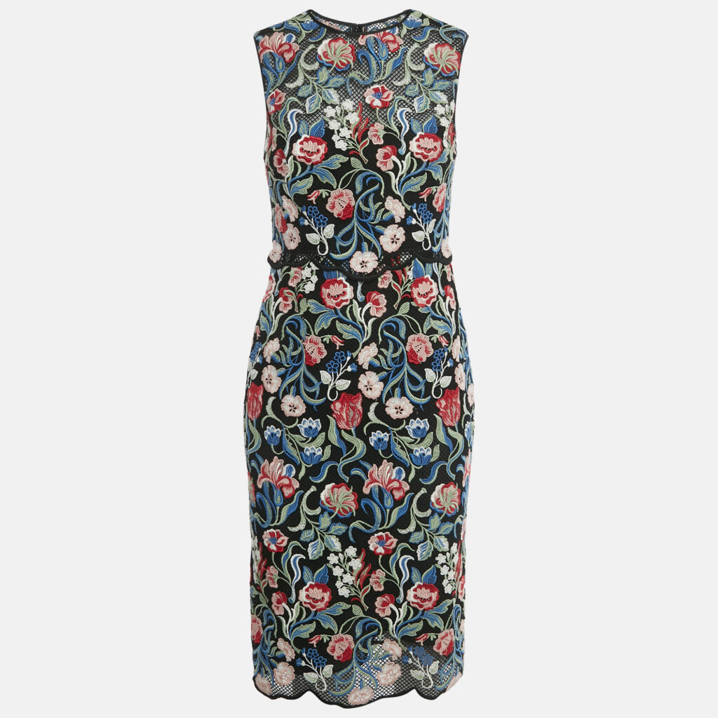 Valentino Black Floral Embroidered Mesh Sheath Midi Dress S Valentino Black Floral Embroidered Mesh Sheath Midi Dress S