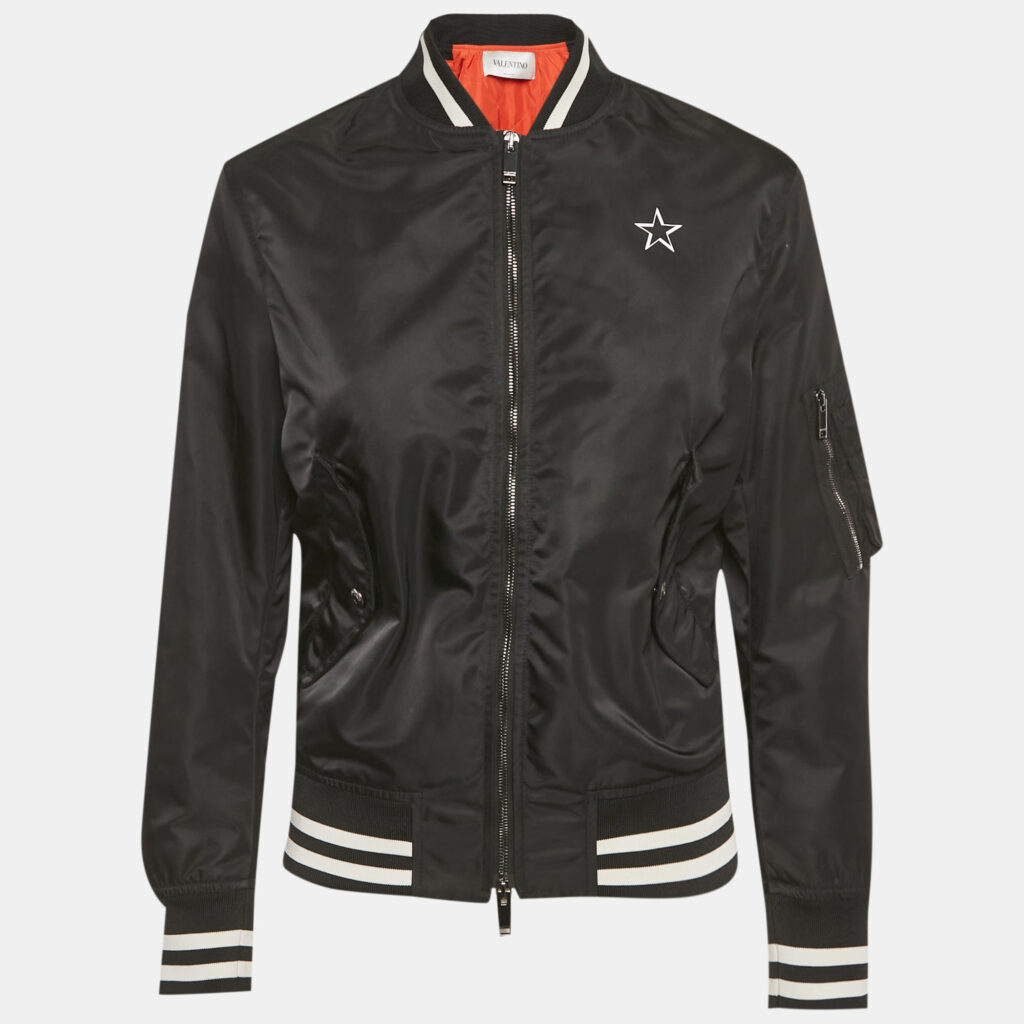 Valentino Black Logo Print Nylon Bomber Jacket S