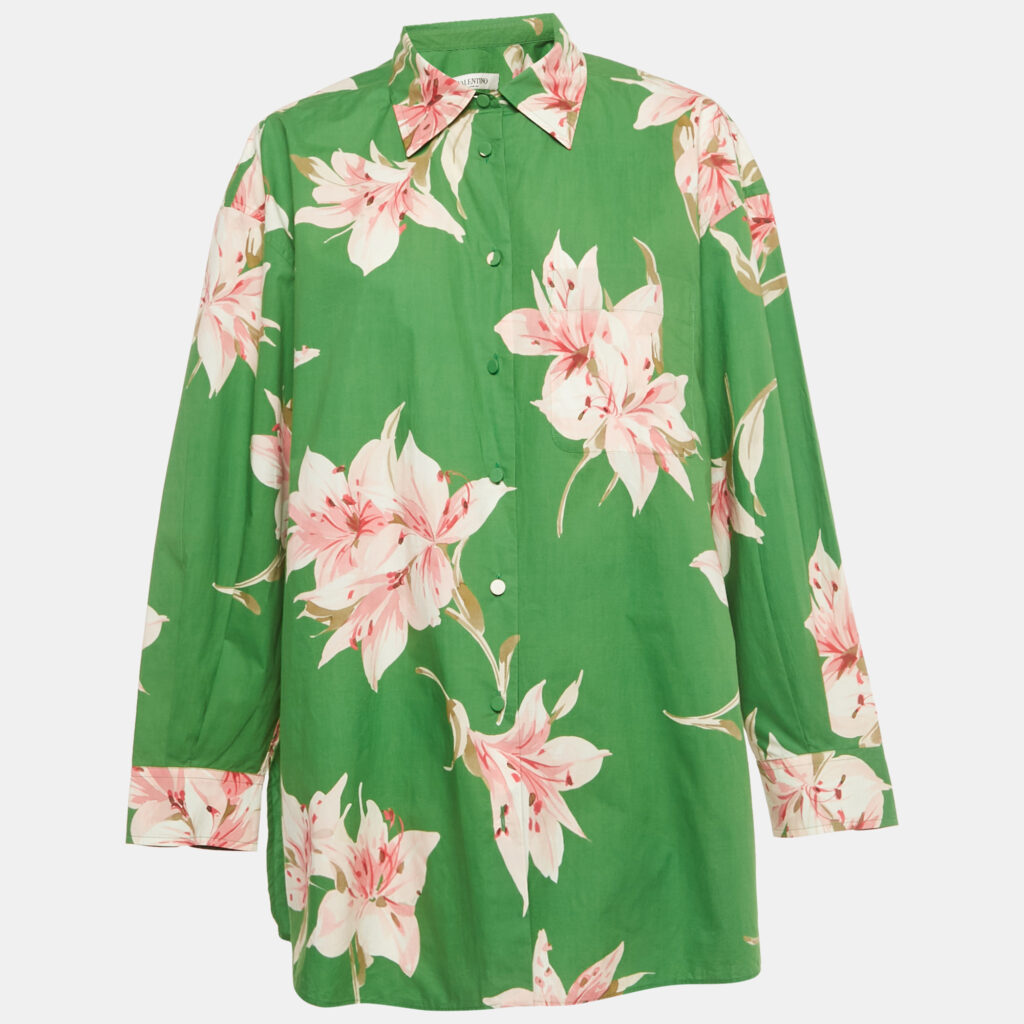 luxury-women-valentino-used-clothes-p1244346-002.jpg Valentino Green Floral Print Cotton Oversized Shirt S