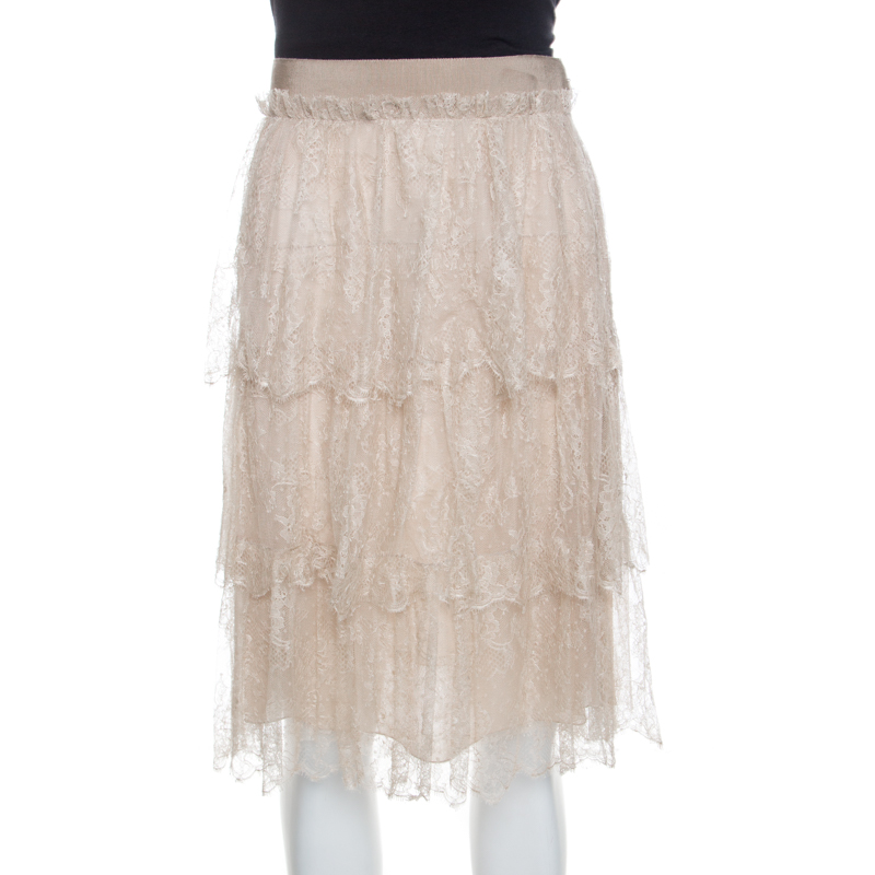 Valentino Beige Floral Tulle Tiered Skirt M Valentino Beige Floral Tulle Tiered Skirt M