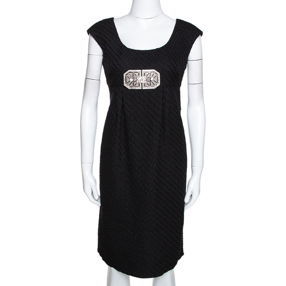 Valentino Black Textured Wool Bejewelled Sheath Dress M Valentino Black Textured Wool Bejewelled Sheath Dress M