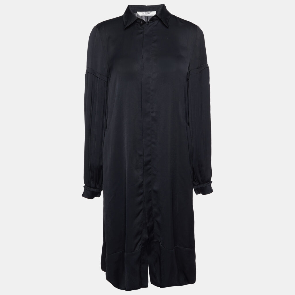 luxury-women-valentino-used-clothes-p981835-004.jpg Valentino Black Satin Pleated Sleeve Shirt Dress M