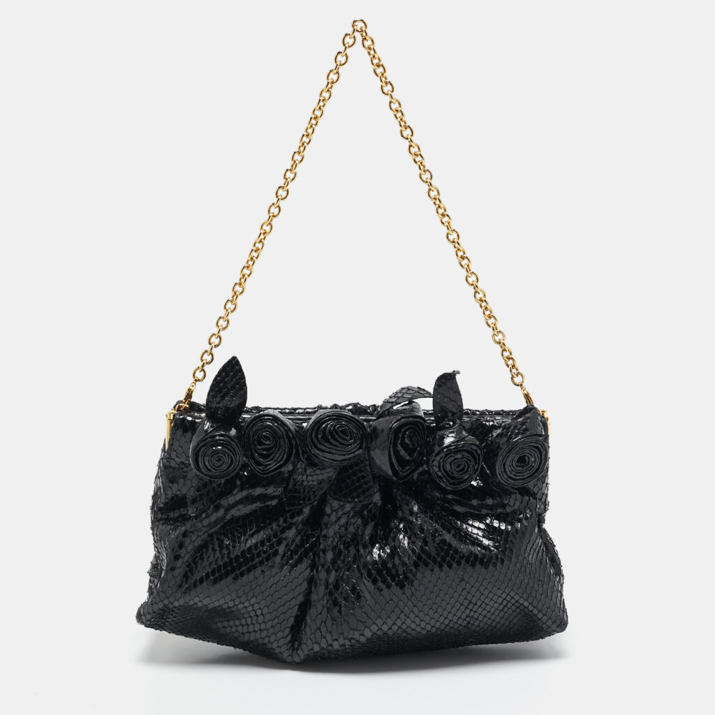 Valentino Black Snakeskin Fleur Chain Clutch Valentino Black Snakeskin Fleur Chain Clutch