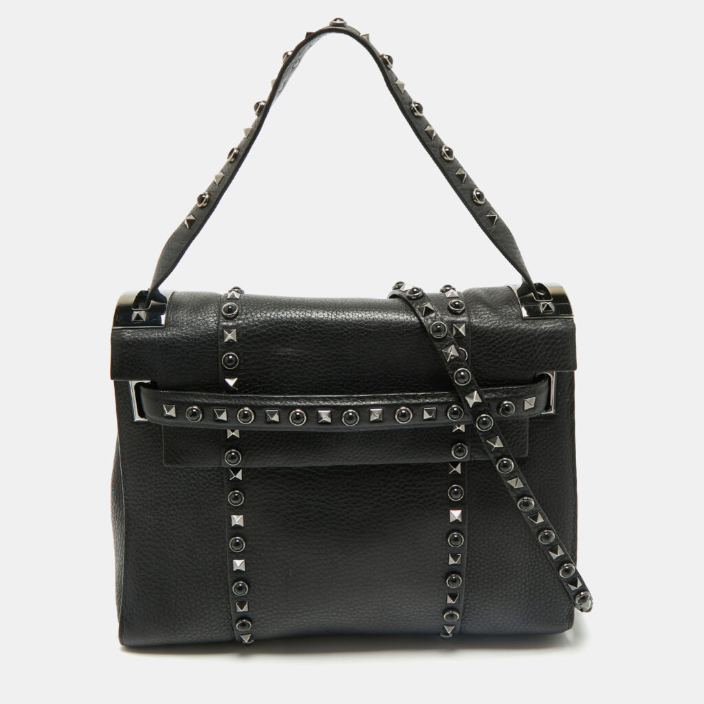 Valentino Black Leather Medium My Rockstud Rolling Top Handle Bag