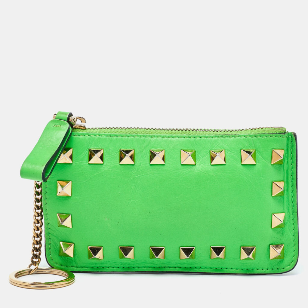 Valentino Neon Green Leather Rockstud Keychain Card Holder Valentino Neon Green Leather Rockstud Keychain Card Holder