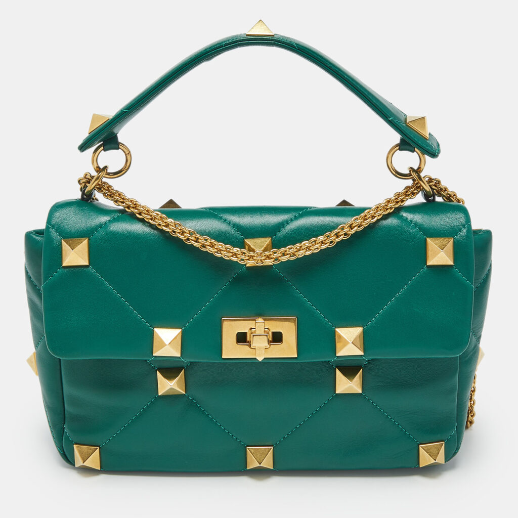 Valentino Green Leather Large Roman Stud Flap Shoulder Bag Valentino Green Leather Large Roman Stud Flap Shoulder Bag