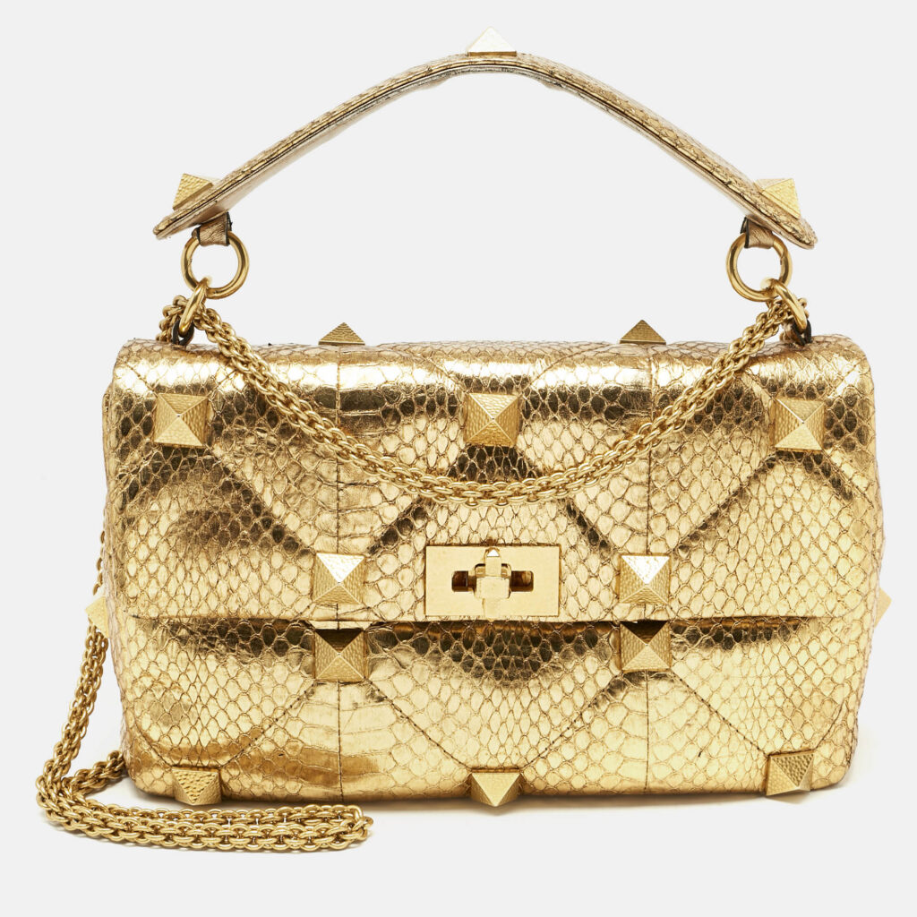 Valentino Gold Watersnake Leather Roman Stud Top Handle Bag Valentino Gold Watersnake Leather Roman Stud Top Handle Bag