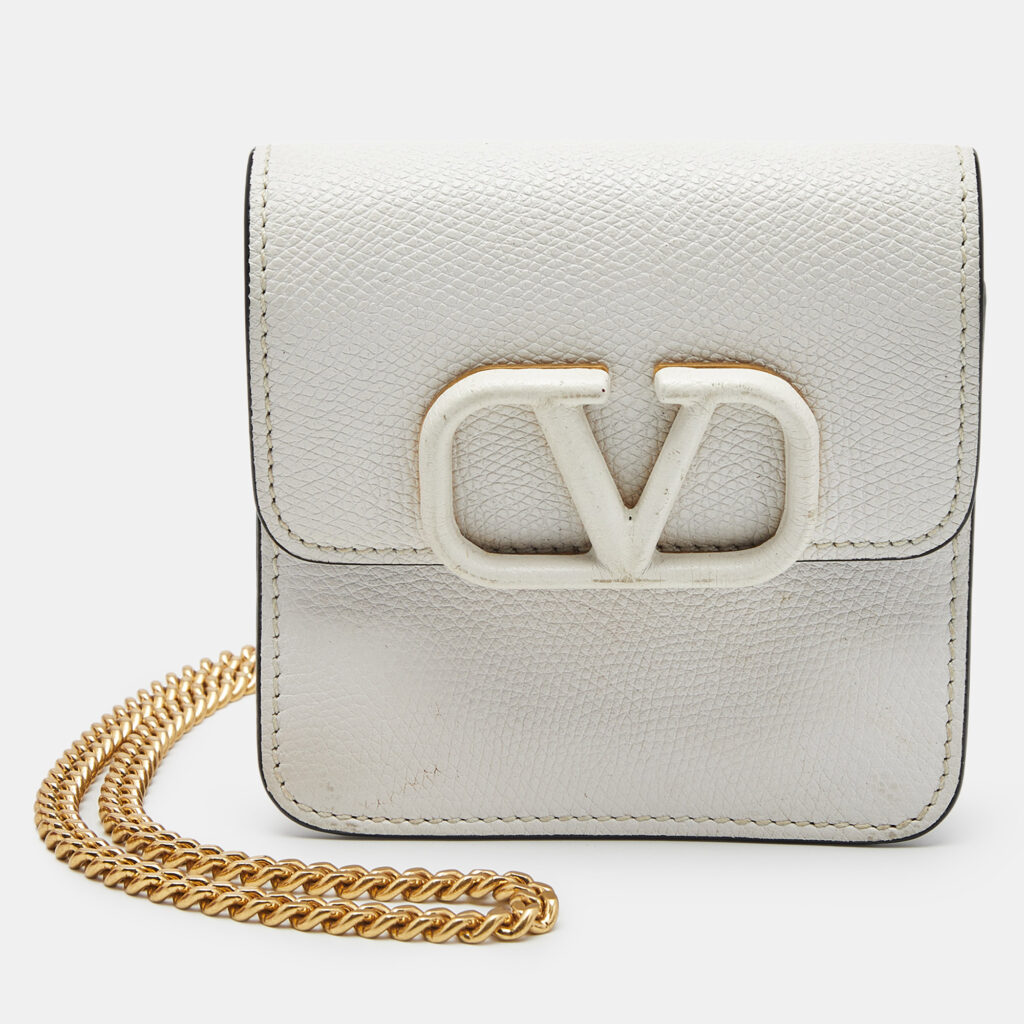 Valentino White Leather VLogo Compact Wallet On Chain Valentino White Leather VLogo Compact Wallet On Chain