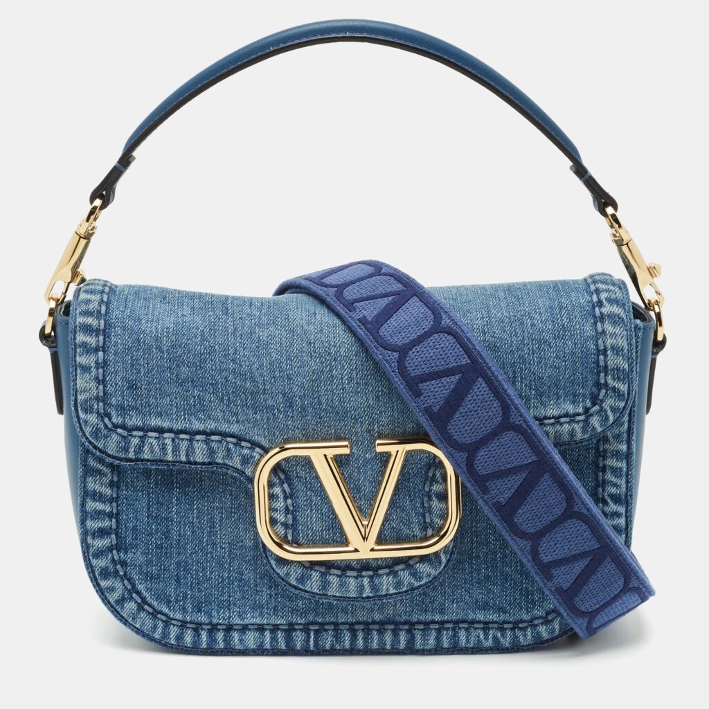Valentino Blue Denim and Leather VLogo Shoulder Bag