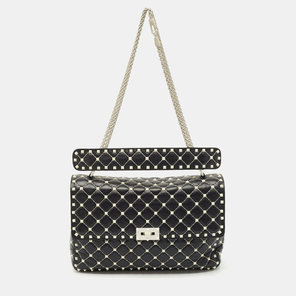 Valentino Black/White Leather Large Rockstud Spike Top Handle Bag Valentino Black/White Leather Large Rockstud Spike Top Handle Bag
