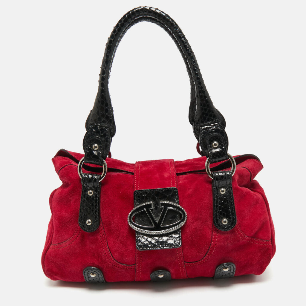 Valentino Red/Black Suede and Snakeskin VRing Crystals Shoulder Bag