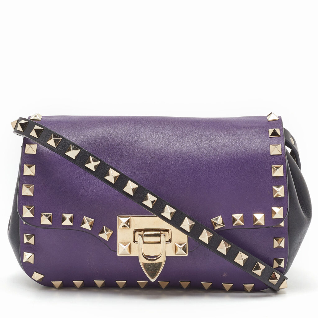 luxury-women-valentino-used-handbags-p1186219-007-1.jpg Valentino Dark Purple/Black Leather Rockstud Flap Shoulder Bag