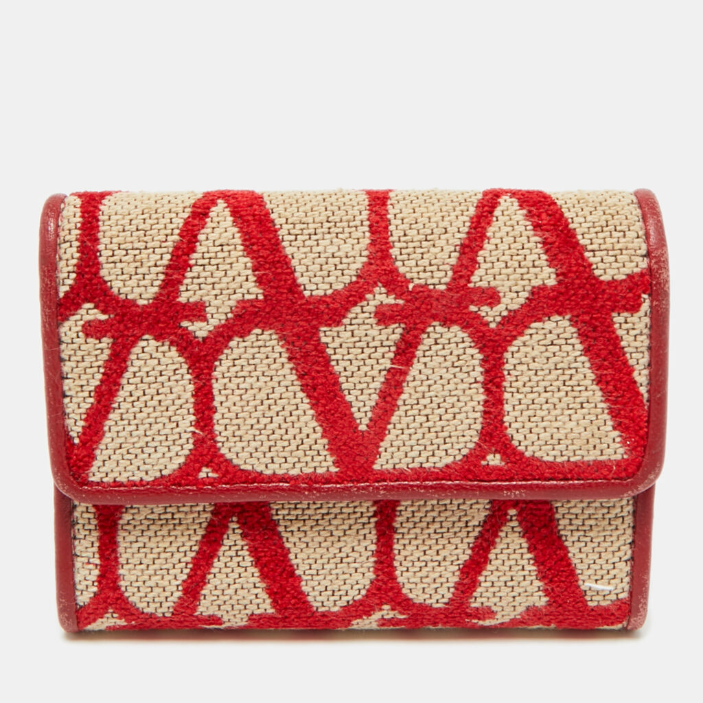 Valentino Red/Beige Iconographe Canvas and Leather Card Holder Valentino Red/Beige Iconographe Canvas and Leather Card Holder