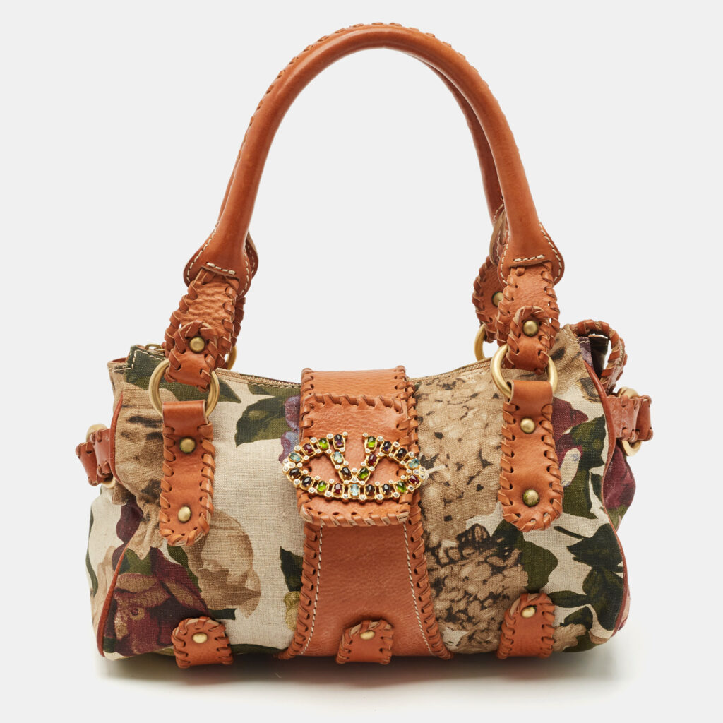 Valentino Multicolor Printed Canvas and Whipstitch Leather VLogo Crystals Satchel Valentino Multicolor Printed Canvas and Whipstitch Leather VLogo Crystals Satchel