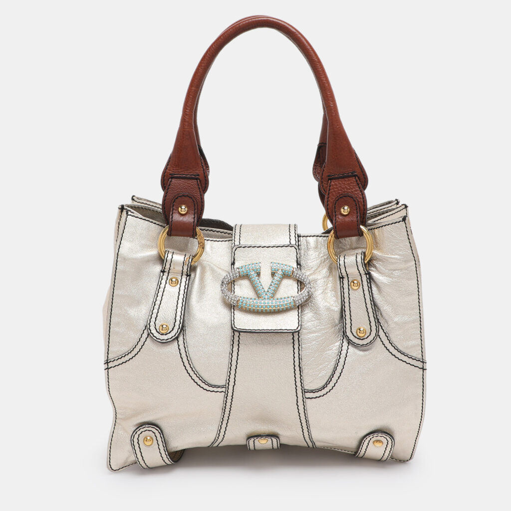 Valentino Gold Leather Crystal Catch Tote