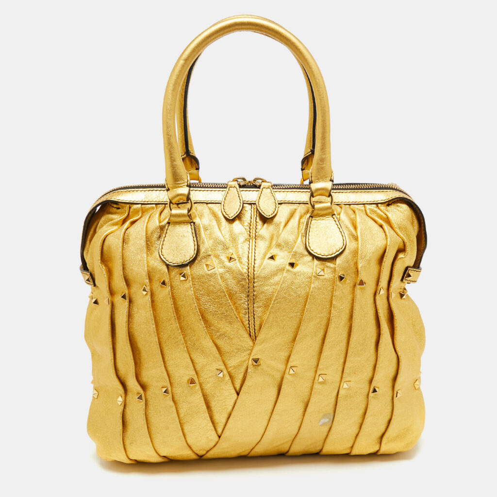 Valentino Metallic Gold Leather Maison Pintucked Rockstud Shopper Tote Valentino Metallic Gold Leather Maison Pintucked Rockstud Shopper Tote