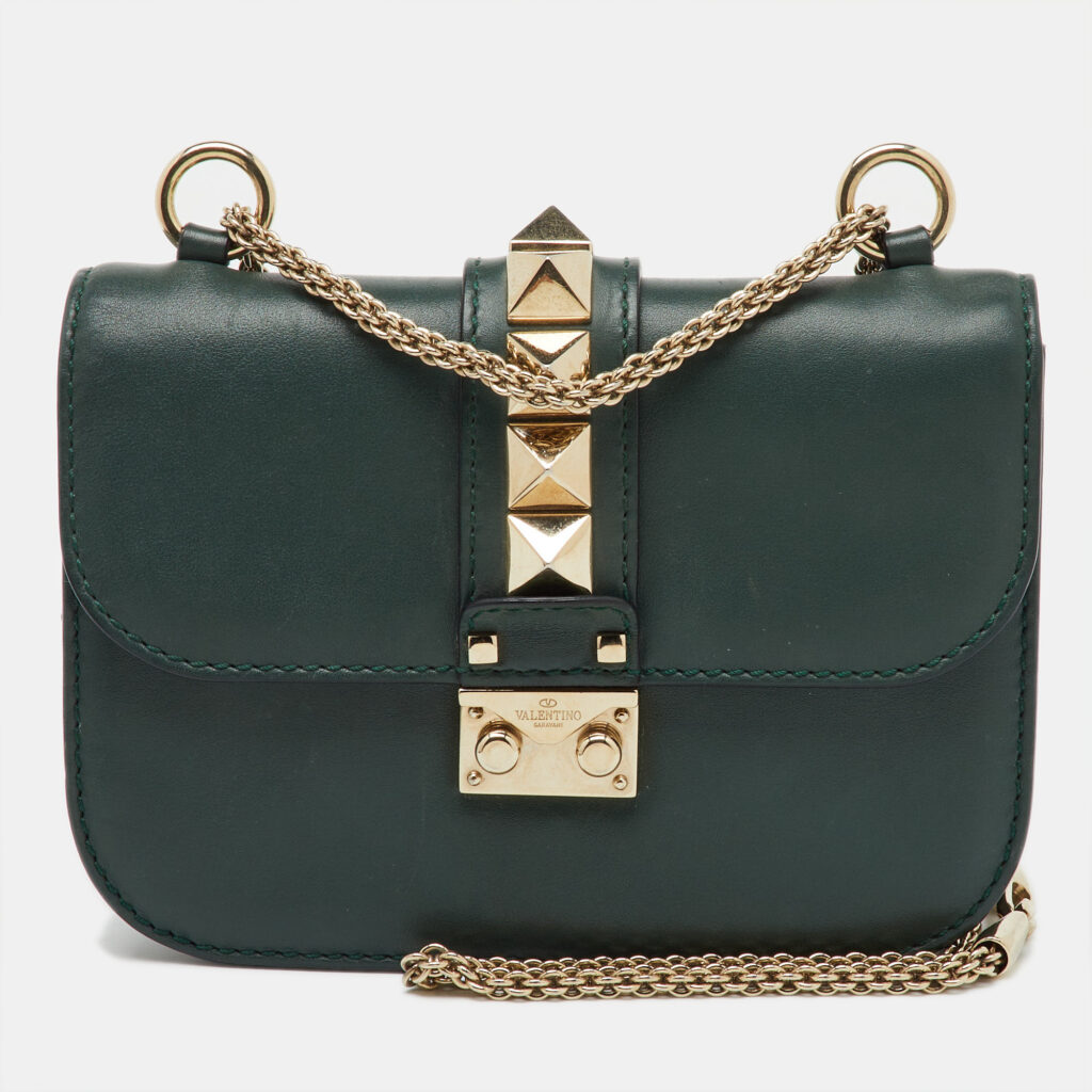 Valentino Dark Green Leather Rockstud Small Glam Lock Shoulder Bag Valentino Dark Green Leather Rockstud Small Glam Lock Shoulder Bag