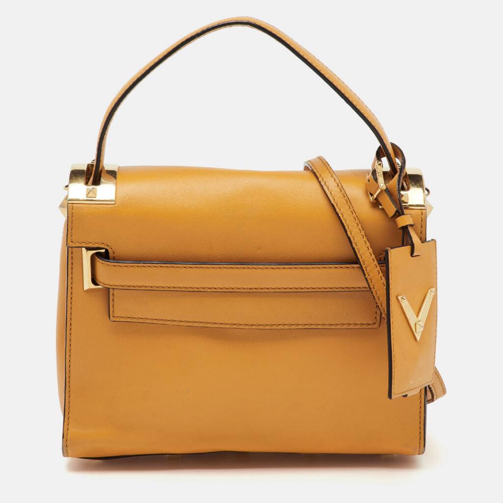Valentino Mustard Yellow Leather My Rockstud Flap Top Handle Bag