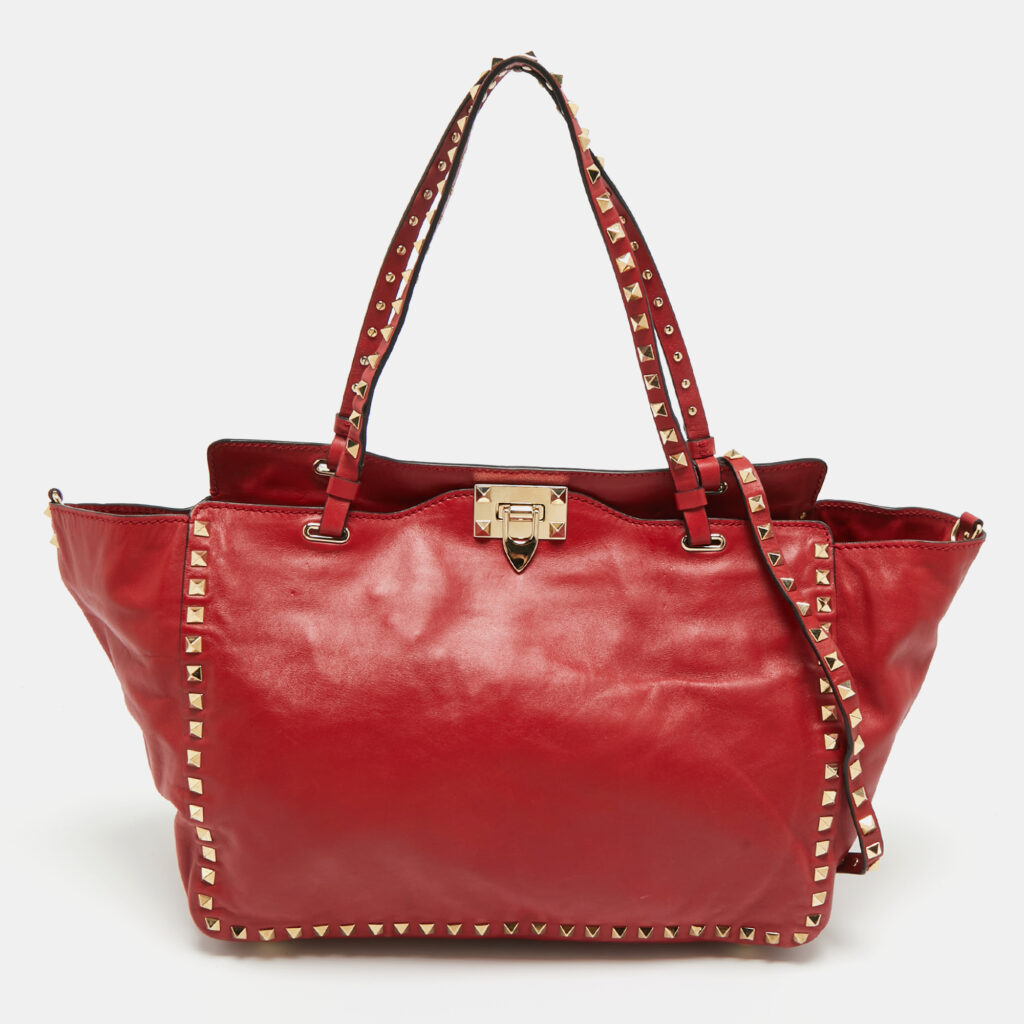 Valentino Red Leather Medium Rockstud Trapeze Tote