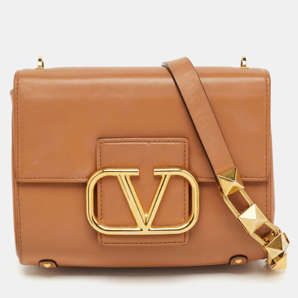 Valentino Tan Leather Stud Sign Flap Shoulder Bag