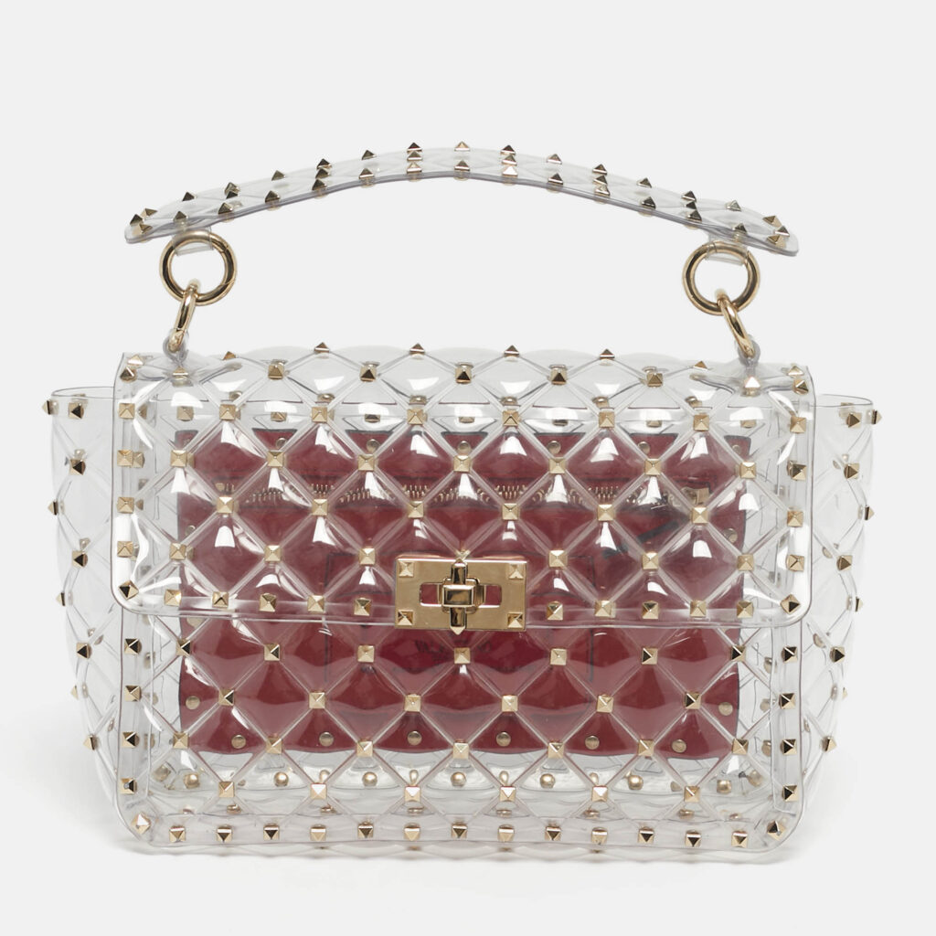 Valentino Transparent /Red PVC Medium Rockstud Spike Top Handle Bag Valentino Transparent /Red PVC Medium Rockstud Spike Top Handle Bag
