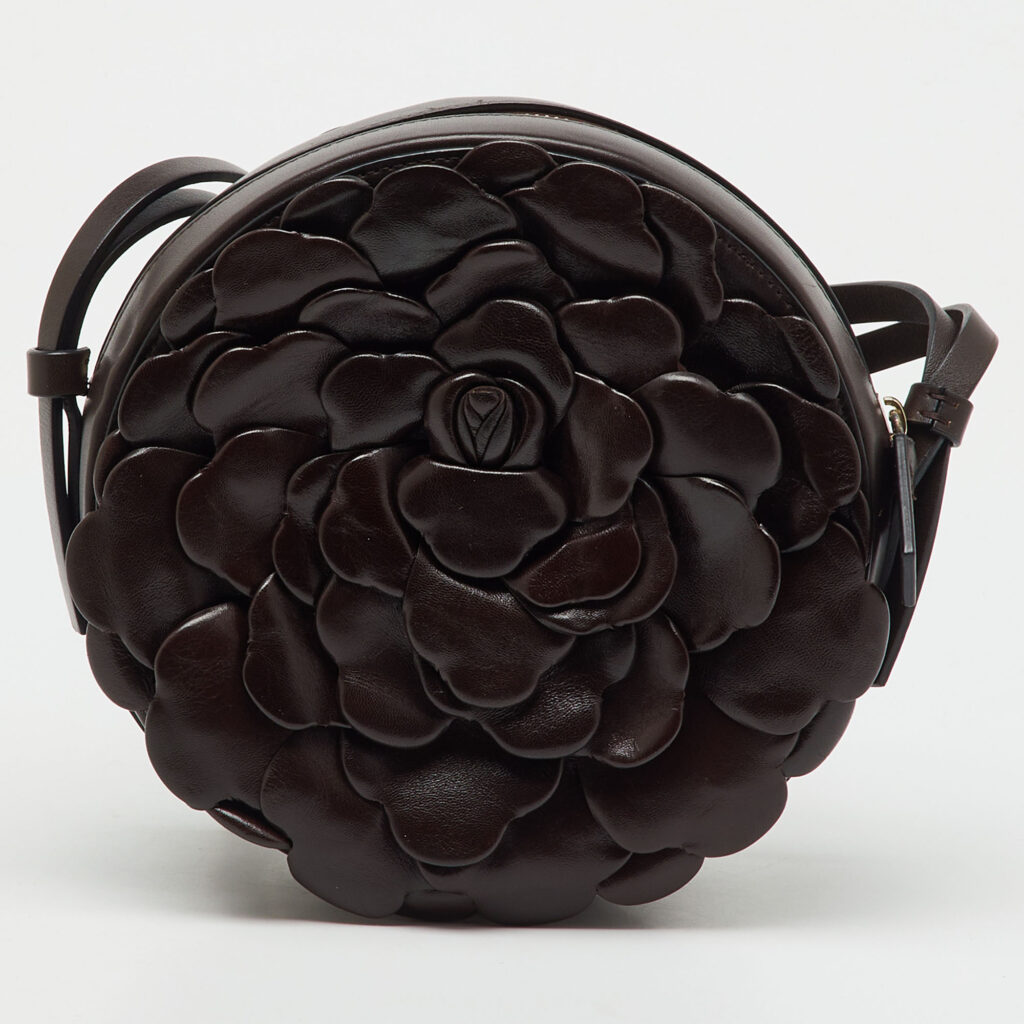 Valentino Dark Brown Leather Atelier 03 Rose Edition Round Shoulder Bag
