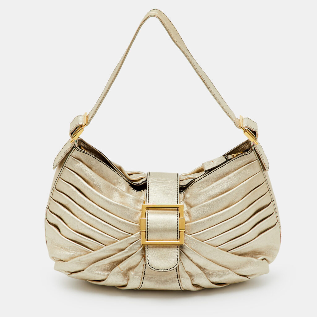 Valentino Garavani Metallic Gold Leather Pleated Shoulder Bag