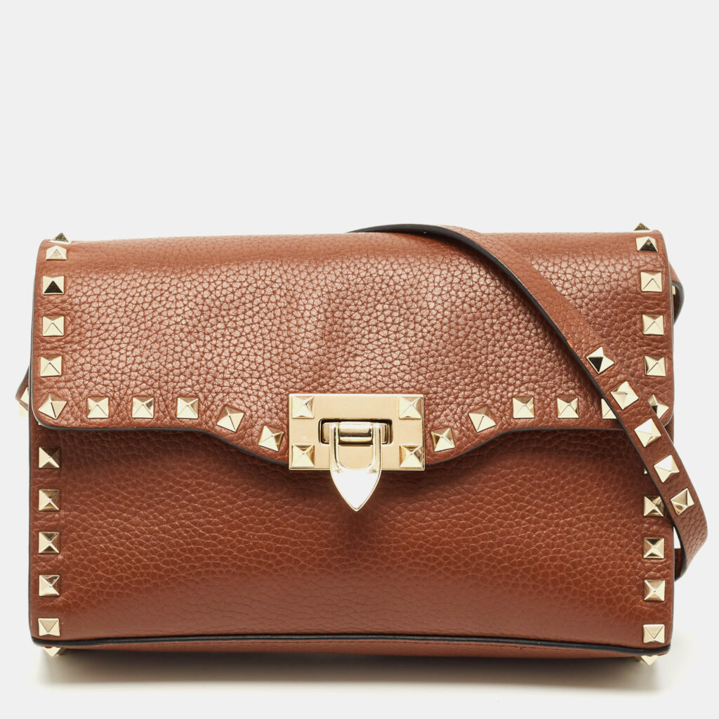 Valentino Brown Leather Rockstud Flap Crossbody Bag Valentino Brown Leather Rockstud Flap Crossbody Bag