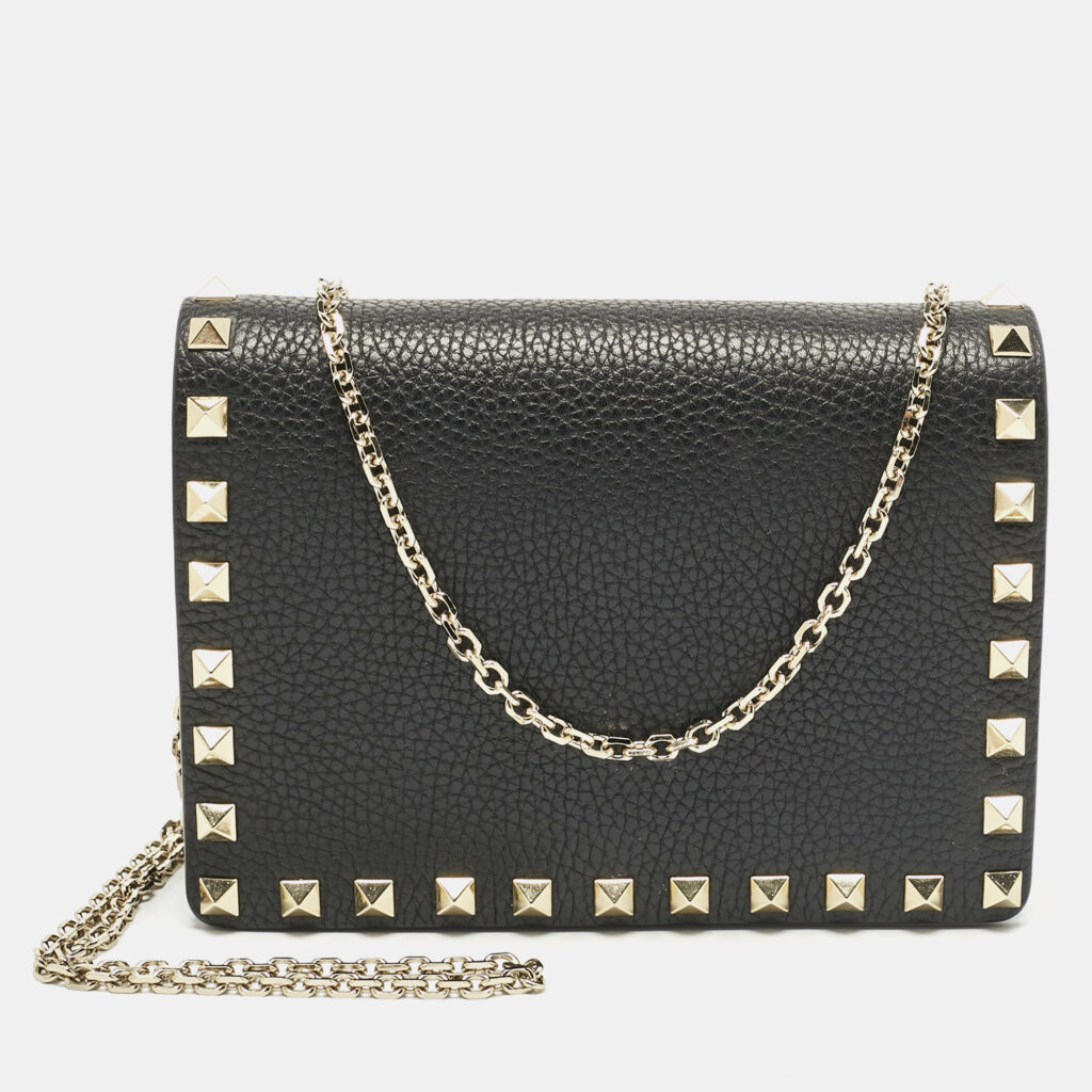 Valentino Black Leather Rockstud Flap Wallet on Chain Valentino Black Leather Rockstud Flap Wallet on Chain