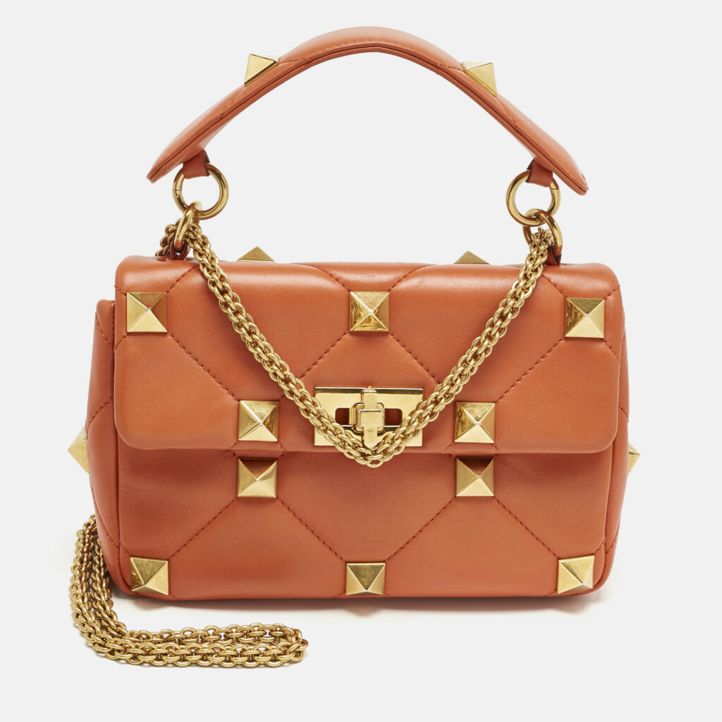 Valentino Orange Quilted Leather Medium Roman Stud Top Handle Bag