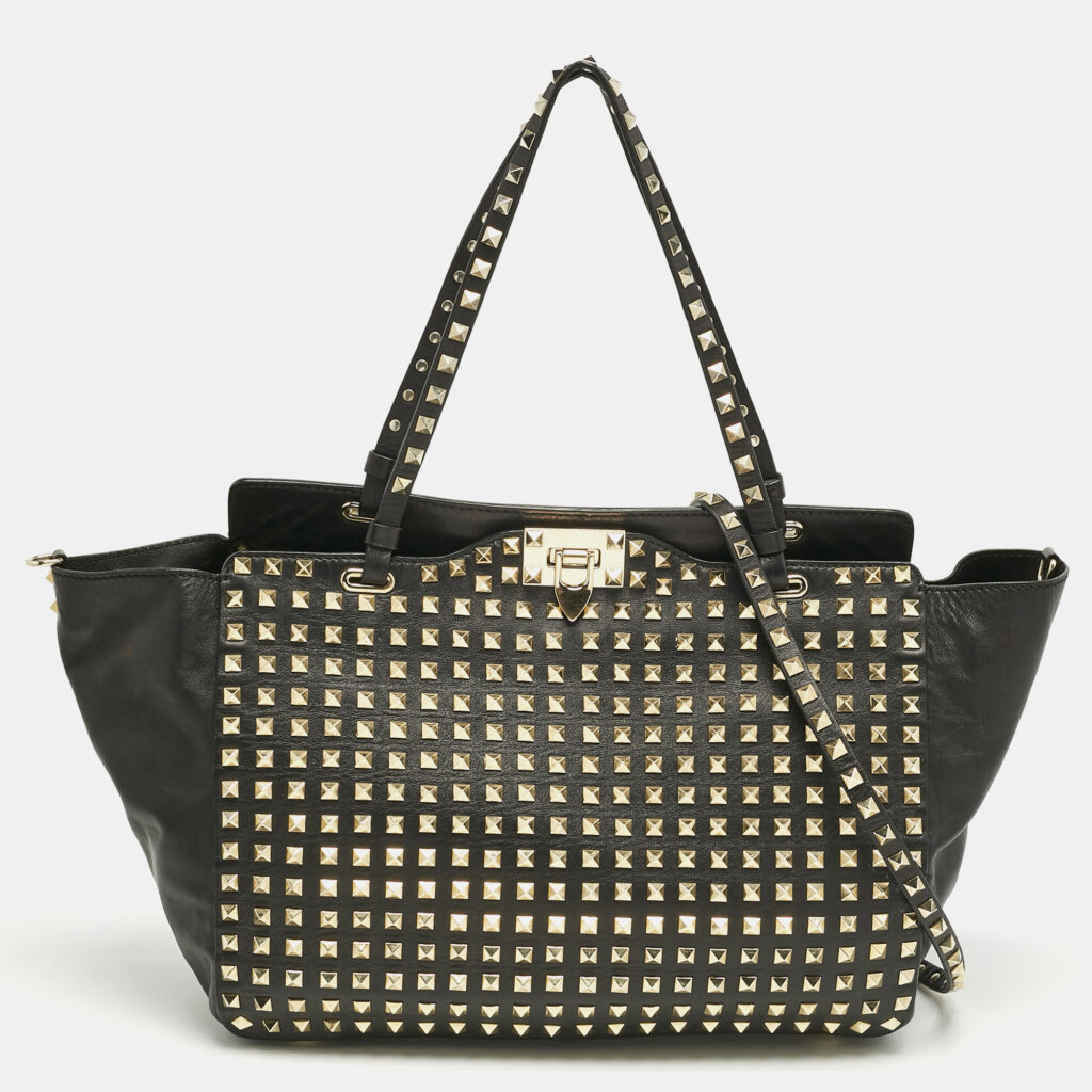 Valentino Black Leather Medium Rockstud Studded Trapeze Tote