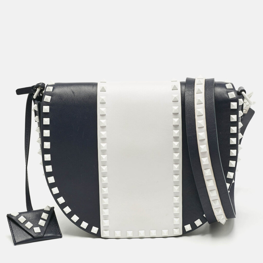 Valentino Navy Blue/White Leather Colorblock Halfmoon Saddle Crossbody Bag