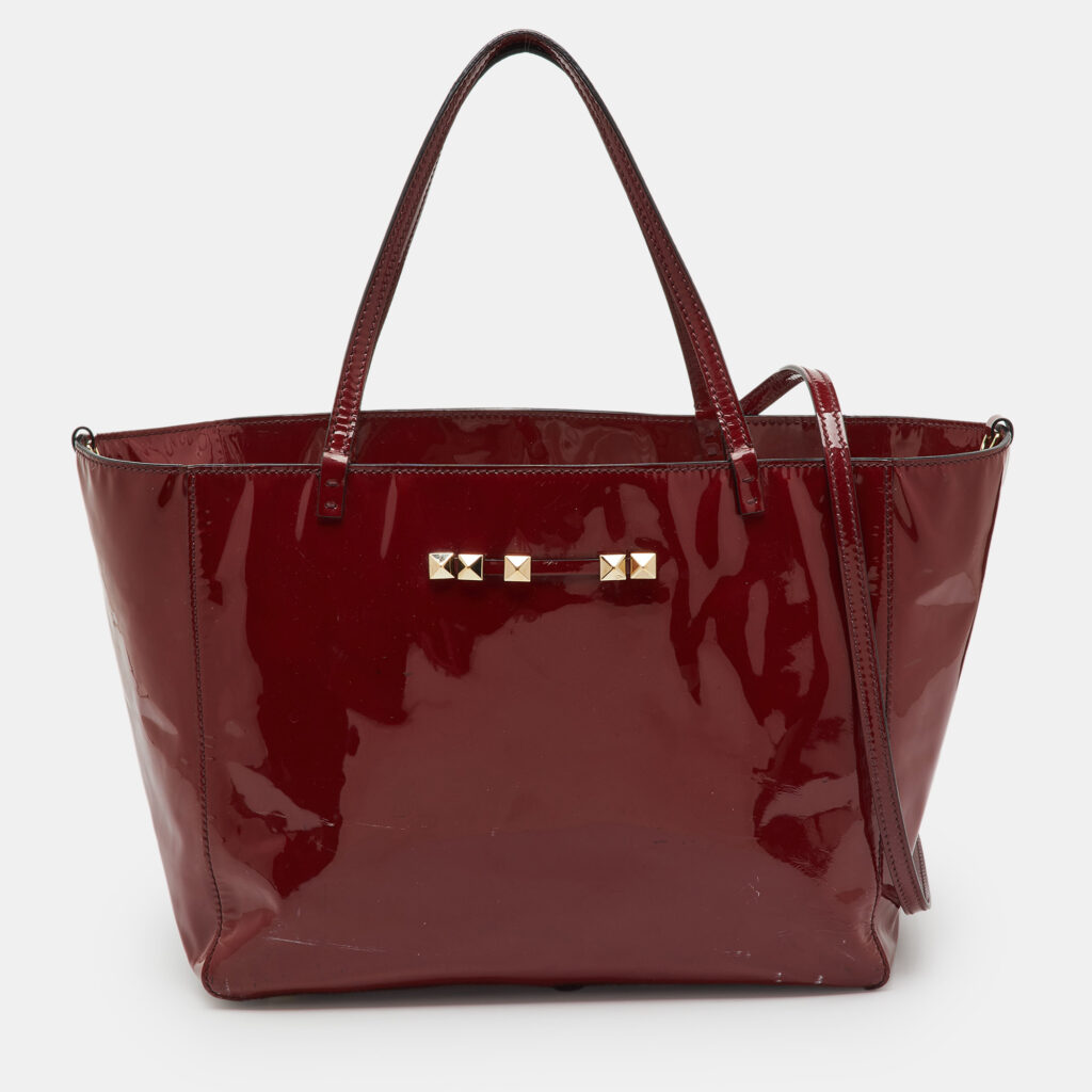Valentino Dark Red Patent Leather Rockstud Shopper Tote Valentino Dark Red Patent Leather Rockstud Shopper Tote