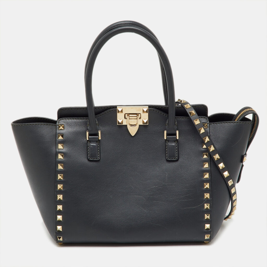 Valentino Dark Grey Leather Rockstud Trapeze Tote Valentino Dark Grey Leather Rockstud Trapeze Tote