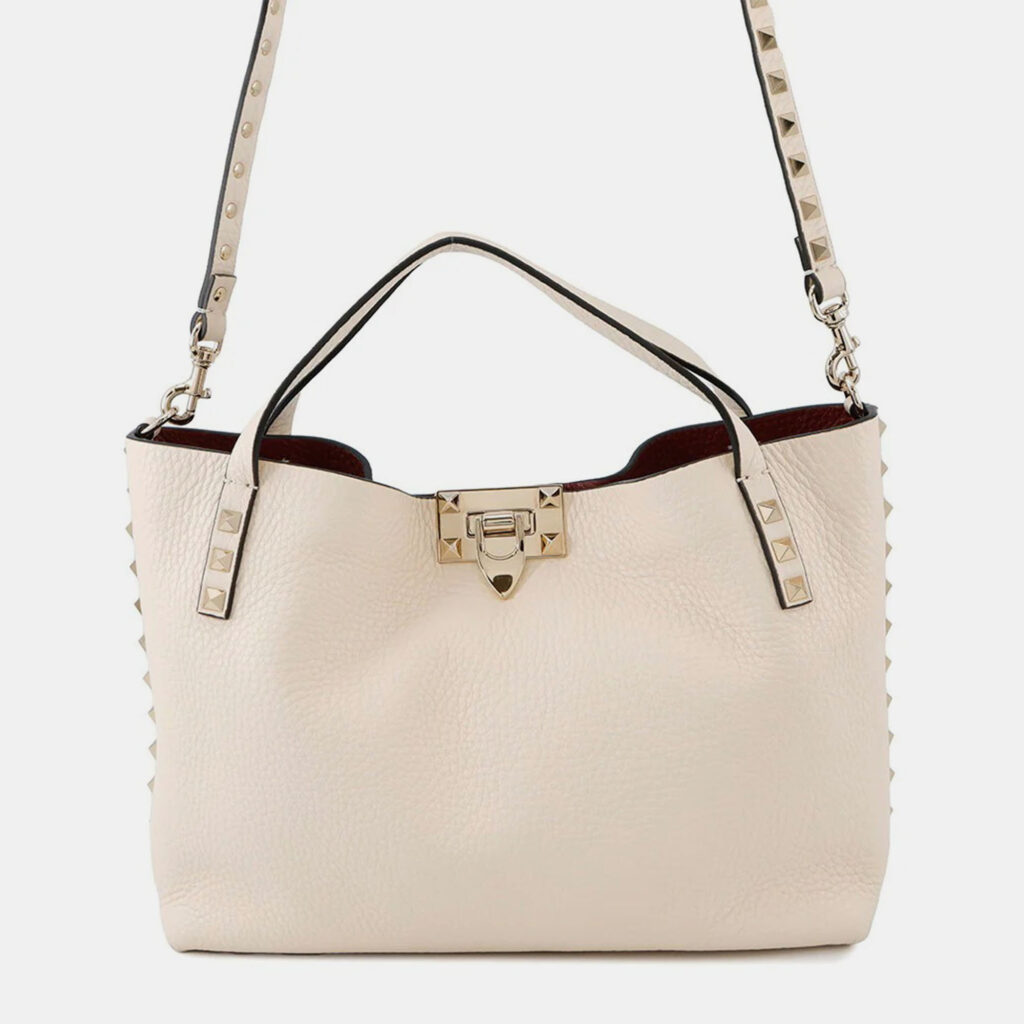 Valentino Garavani Rock Studded Handbag Ivory/Red Leather
